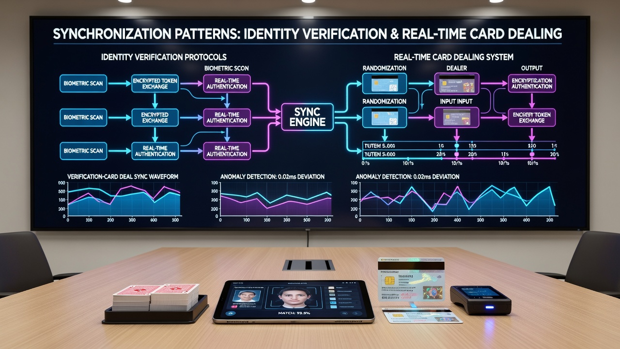 Technical diagram illustrating data flow between verification servers and real-time card dealing engines in mobile casino applications